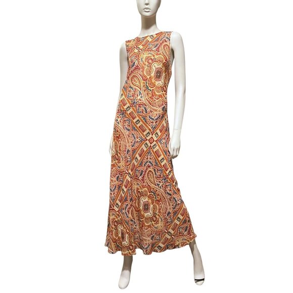 Y2K Silk Maxi Dress 14 Bias Cut Sleeveless Paisley Preppy Old Money 100% Silk